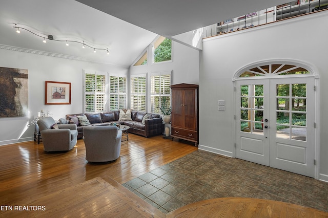8940 Kelsey Ln, Knoxville, TN 37922 - living area with french doors, lofted ceiling, ornamental molding, and wood finished floors