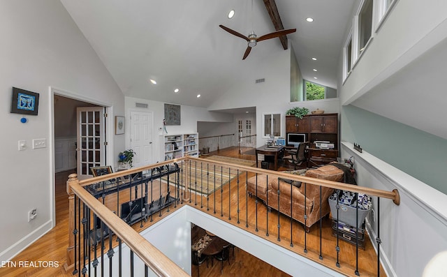 8940 Kelsey Ln, Knoxville, TN 37922 - staircase with high vaulted ceiling, ceiling fan, wood finished floors, recessed lighting, and beamed ceiling