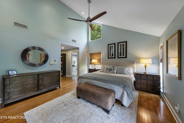 8940 Kelsey Ln, Knoxville, TN 37922 - bedroom featuring wood finished floors, high vaulted ceiling, and a ceiling fan