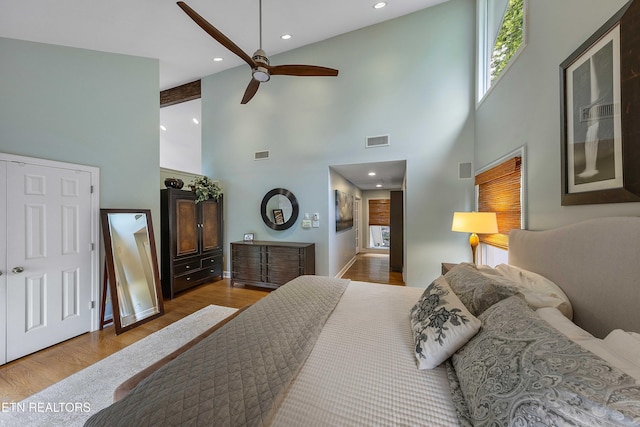 8940 Kelsey Ln, Knoxville, TN 37922 - bedroom featuring wood finished floors, high vaulted ceiling, recessed lighting, a ceiling fan, and beamed ceiling