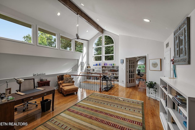 8940 Kelsey Ln, Knoxville, TN 37922 - sitting room featuring ceiling fan, high vaulted ceiling, beamed ceiling, hardwood / wood-style floors, and recessed lighting