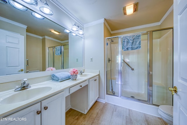 674 Applegate Ln Unit 32, Knoxville, TN 37934 - full bath featuring double vanity, a shower stall, wood finished floors, toilet, and crown molding