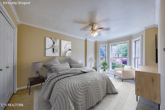 674 Applegate Ln Unit 32, Knoxville, TN 37934 - bedroom with light colored carpet, crown molding, a closet, and a ceiling fan