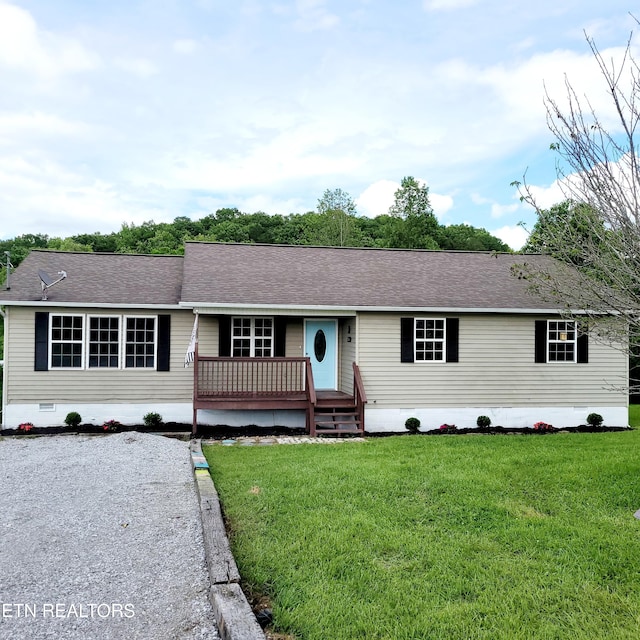 165 Kenzie Ln, Lafollette, TN 37766 - view of front of home with crawl space, a front lawn, a shingled roof, and covered porch