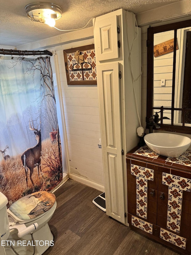 2395 Howard Rd, Bybee, TN 37713 - full bath with wood finished floors, toilet, a textured ceiling, vanity, and a shower with shower curtain