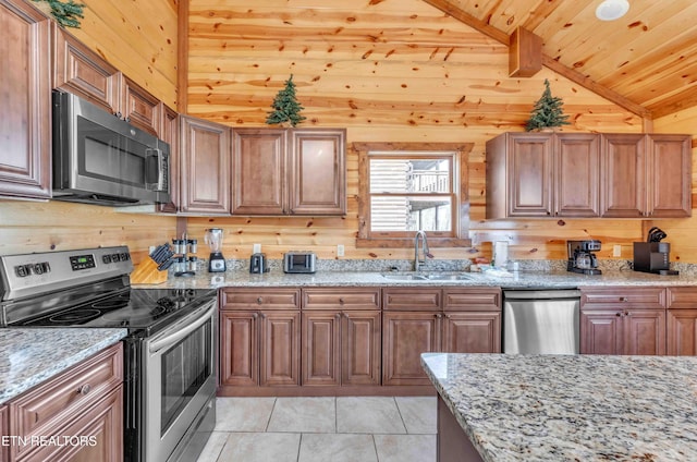 3708 Tilda Hilltop Way, Sevierville, TN 37862 - kitchen with appliances with stainless steel finishes, a sink, wood walls, wood ceiling, and vaulted ceiling
