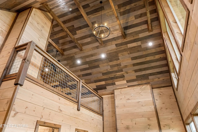 2251 Fox Berry Way, Sevierville, TN 37876 - stairway featuring wood walls, a wooden ceiling with exposed beams, and high vaulted ceiling