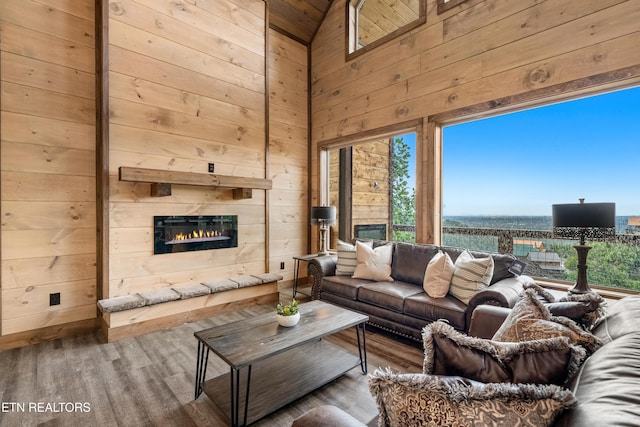 2251 Fox Berry Way, Sevierville, TN 37876 - living room featuring wood walls, wood finished floors, a glass covered fireplace, and a high ceiling