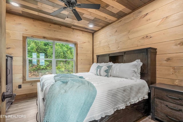 2251 Fox Berry Way, Sevierville, TN 37876 - bedroom with wooden ceiling, wood walls, light wood finished floors, a ceiling fan, and recessed lighting
