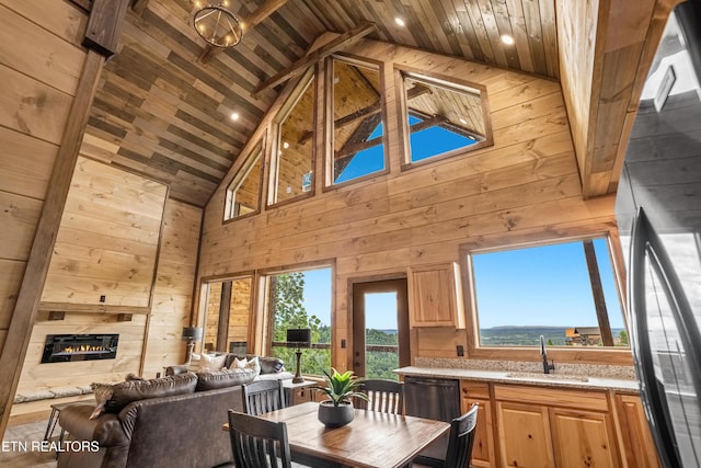 2251 Fox Berry Way, Sevierville, TN 37876 - kitchen with wood walls, wooden ceiling, high vaulted ceiling, healthy amount of natural light, and dishwashing machine