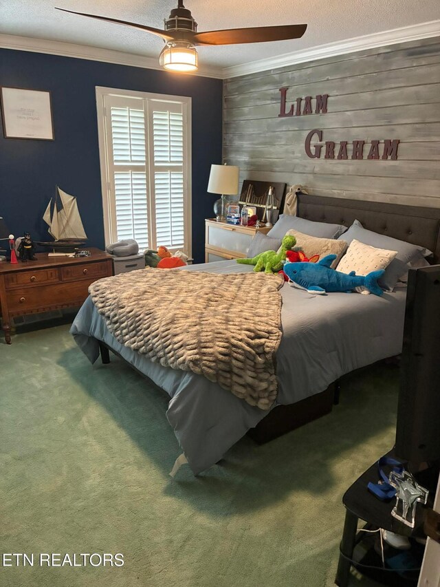 242 Adams Ln, Jellico, TN 37762 - carpeted bedroom with ornamental molding, a ceiling fan, and a textured ceiling