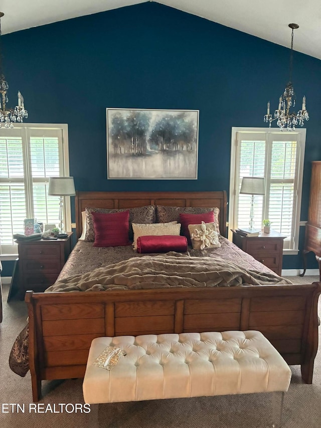 242 Adams Ln, Jellico, TN 37762 - bedroom featuring carpet flooring, vaulted ceiling, a chandelier, and multiple windows