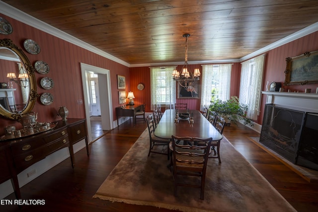 2590 Day Rd, Strawberry Plains, TN 37871 - dining area featuring ornamental molding, wood finished floors, a chandelier, wood ceiling, and a fireplace with flush hearth