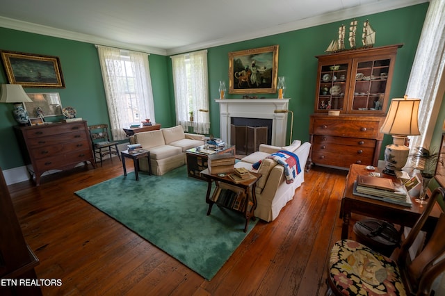2590 Day Rd, Strawberry Plains, TN 37871 - living area featuring ornamental molding, hardwood / wood-style flooring, and a fireplace