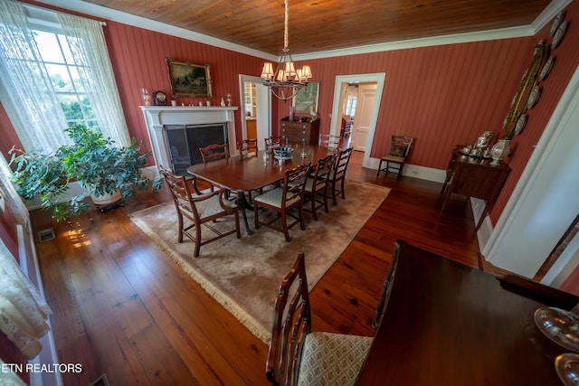 2590 Day Rd, Strawberry Plains, TN 37871 - dining room with crown molding, a chandelier, wood-type flooring, a fireplace, and wooden ceiling