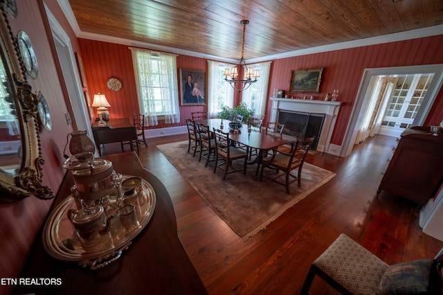 2590 Day Rd, Strawberry Plains, TN 37871 - dining room featuring crown molding, wooden ceiling, a chandelier, wood finished floors, and a fireplace