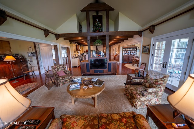 2590 Day Rd, Strawberry Plains, TN 37871 - living area with french doors, wood finished floors, healthy amount of natural light, and high vaulted ceiling