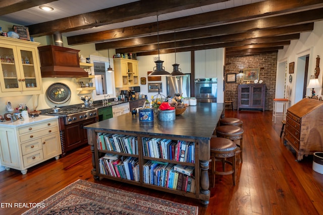 2590 Day Rd, Strawberry Plains, TN 37871 - kitchen featuring open shelves, appliances with stainless steel finishes, dark wood finished floors, dark countertops, and beamed ceiling
