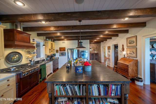 2590 Day Rd, Strawberry Plains, TN 37871 - kitchen with stainless steel appliances, dark wood-type flooring, premium range hood, dark countertops, and decorative light fixtures