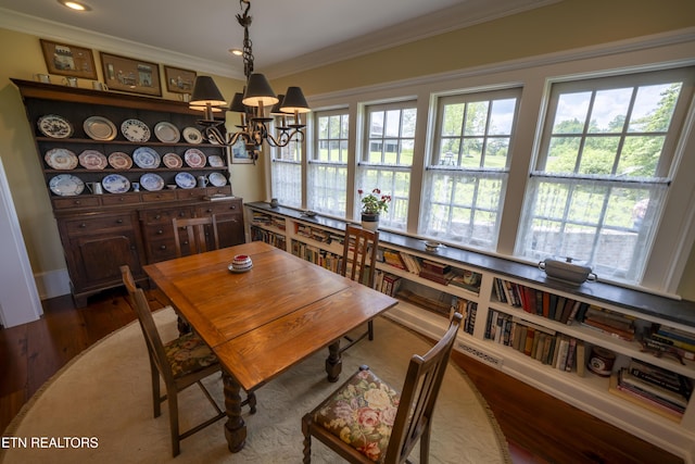 2590 Day Rd, Strawberry Plains, TN 37871 - dining area with crown molding, a chandelier, wood finished floors, and recessed lighting
