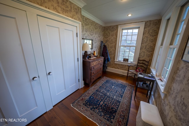 2590 Day Rd, Strawberry Plains, TN 37871 - bedroom featuring ornamental molding, wallpapered walls, and dark wood-style flooring