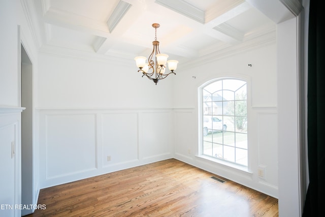 7481 Nightfall Cir, Ooltewah, TN 37363 - spare room with a decorative wall, coffered ceiling, a chandelier, beam ceiling, and light wood-style floors