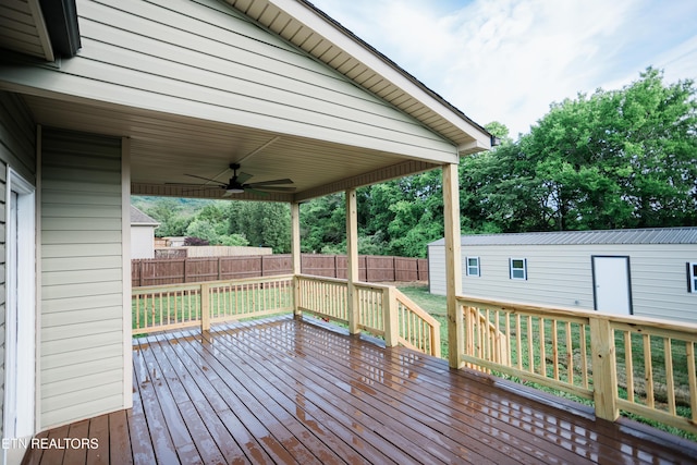 7481 Nightfall Cir, Ooltewah, TN 37363 - wooden deck featuring ceiling fan, a fenced backyard, and an outbuilding