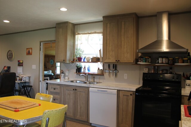 831 Fritzsche, Jamestown, TN 38556 - kitchen featuring dishwasher, electric range, wall chimney exhaust hood, a sink, and light countertops