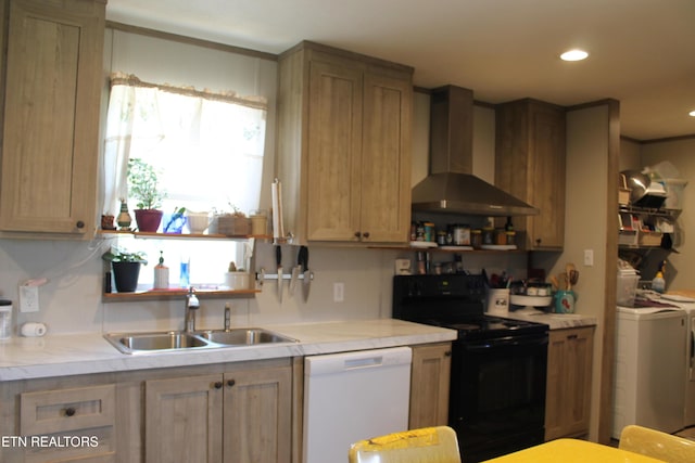 831 Fritzsche, Jamestown, TN 38556 - kitchen featuring white dishwasher, a sink, wall chimney exhaust hood, washer and clothes dryer, and black electric range oven