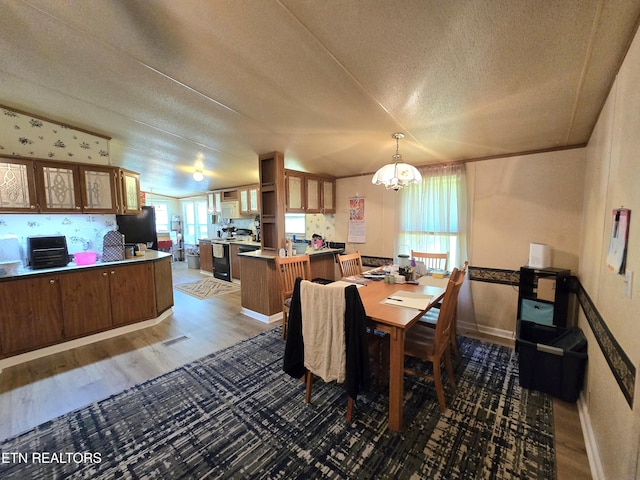 417 Ely Town Rd, Dryden, VA 24243 - dining space featuring a textured ceiling, a chandelier, wood finished floors, and baseboards