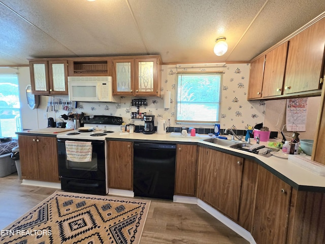 417 Ely Town Rd, Dryden, VA 24243 - kitchen with white microwave, dishwasher, electric range, a textured ceiling, and light wood-style floors