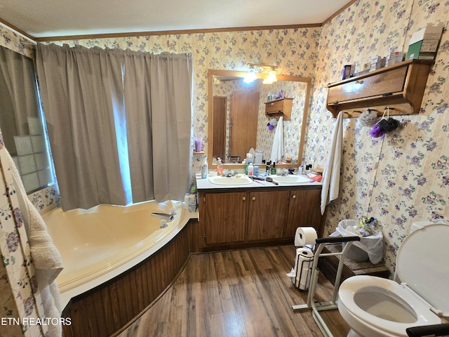 417 Ely Town Rd, Dryden, VA 24243 - bathroom featuring wallpapered walls, wood finished floors, crown molding, double vanity, and toilet
