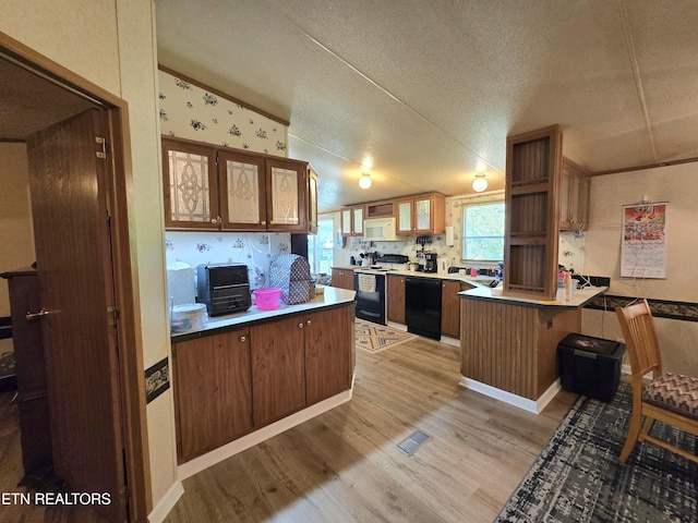 417 Ely Town Rd, Dryden, VA 24243 - kitchen with electric range oven, black dishwasher, a peninsula, vaulted ceiling, and light wood-style floors