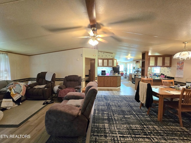 417 Ely Town Rd, Dryden, VA 24243 - living room with light wood-style flooring, a textured ceiling, and ceiling fan
