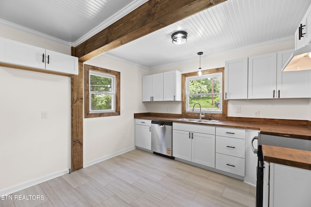2504 Larkwood Ln, Knoxville, TN 37921 - kitchen featuring dishwasher, butcher block counters, white cabinetry, crown molding, and hanging light fixtures