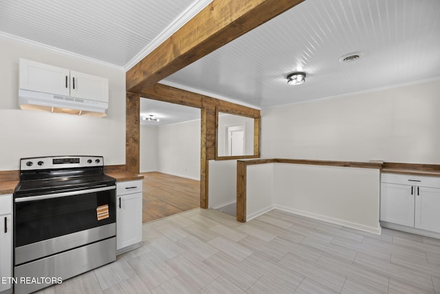 2504 Larkwood Ln, Knoxville, TN 37921 - kitchen with stainless steel electric stove, under cabinet range hood, ornamental molding, white cabinetry, and butcher block counters