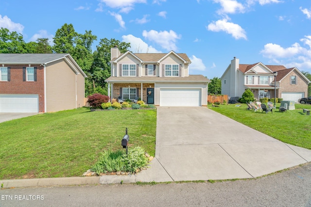8431 Vessel Ln, Powell, TN 37849 - traditional-style home featuring driveway, a front lawn, a chimney, and a garage