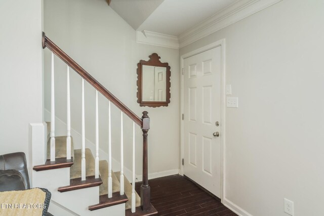 8431 Vessel Ln, Powell, TN 37849 - foyer entrance with dark wood-style floors, ornamental molding, and stairway