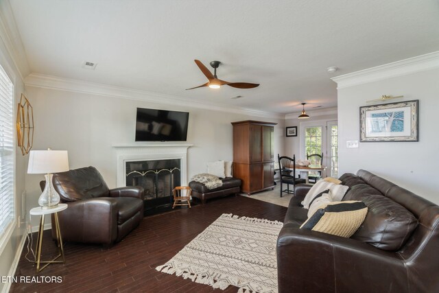 8431 Vessel Ln, Powell, TN 37849 - living area with a ceiling fan, wood finished floors, a fireplace, and crown molding
