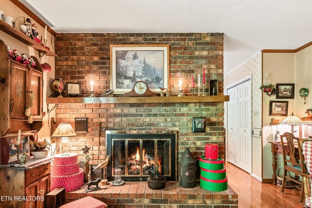 314 Longview Dr, Wartburg, TN 37887 - living area featuring wood finished floors, ornamental molding, and a fireplace
