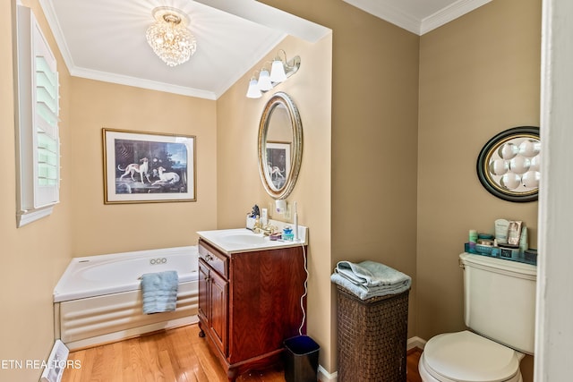314 Longview Dr, Wartburg, TN 37887 - bathroom featuring crown molding, vanity, wood finished floors, a garden tub, and a chandelier