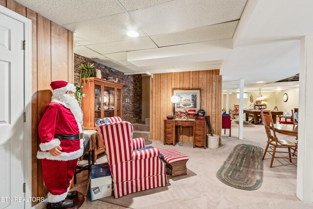 314 Longview Dr, Wartburg, TN 37887 - sitting room with carpet, wooden walls, and a paneled ceiling