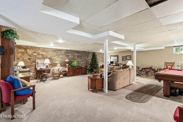 314 Longview Dr, Wartburg, TN 37887 - carpeted living room with a drop ceiling, brick wall, and billiards