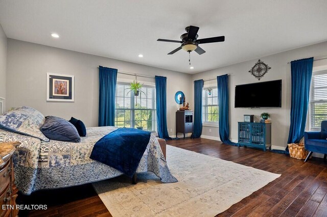 3292 Moss Arcott Rd, Celina, TN 38551 - bedroom with wood-type flooring, recessed lighting, baseboards, and ceiling fan
