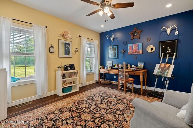 3292 Moss Arcott Rd, Celina, TN 38551 - office with wood finished floors, ceiling fan, plenty of natural light, baseboards, and recessed lighting