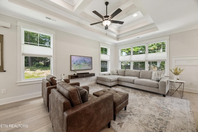 1007 Wigmore Way, Knoxville, TN 37932 - living room with light wood finished floors, ceiling fan, crown molding, and a tray ceiling