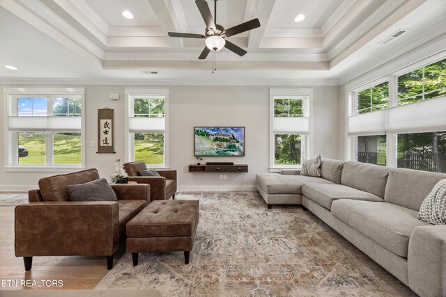 1007 Wigmore Way, Knoxville, TN 37932 - living area with healthy amount of natural light, ceiling fan, ornamental molding, recessed lighting, and coffered ceiling