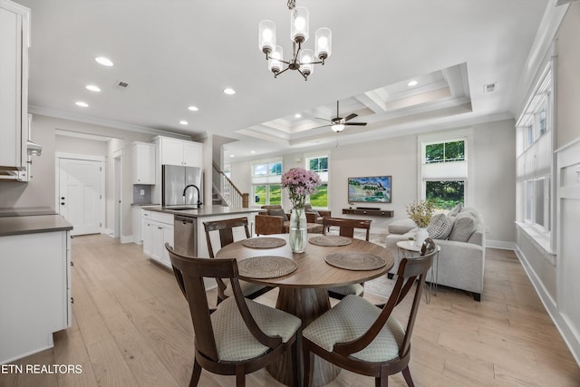 1007 Wigmore Way, Knoxville, TN 37932 - dining area with ornamental molding, recessed lighting, a ceiling fan, stairway, and light wood-type flooring