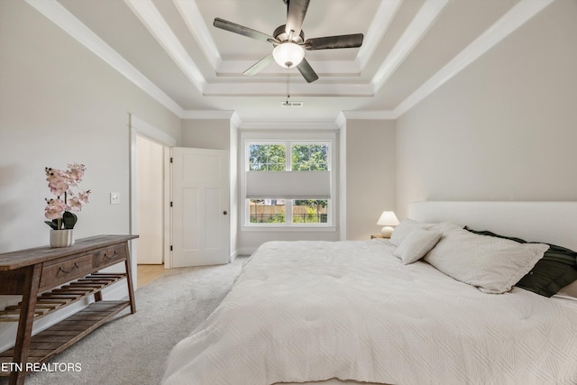 1007 Wigmore Way, Knoxville, TN 37932 - bedroom featuring a tray ceiling, light carpet, crown molding, and a ceiling fan