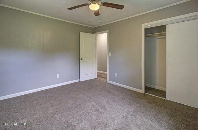 775 Middle Creek Rd, Cosby, TN 37722 - unfurnished bedroom featuring carpet flooring, a closet, crown molding, and a ceiling fan